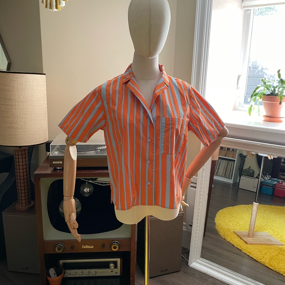 Vintage Orange and Blue  Striped Button-Up Camp Shirt